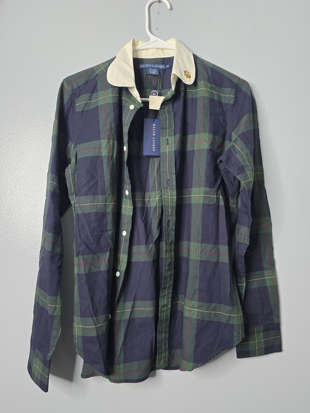 Ralph Lauren Green and Navy Plaid Button-Down Shirt with Cream Collar